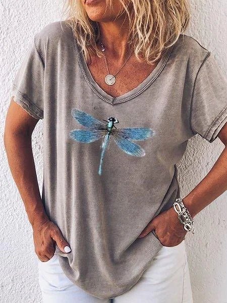 Luna | Women's Dragonfly Print V-Neck Short Sleeve Casual Tee