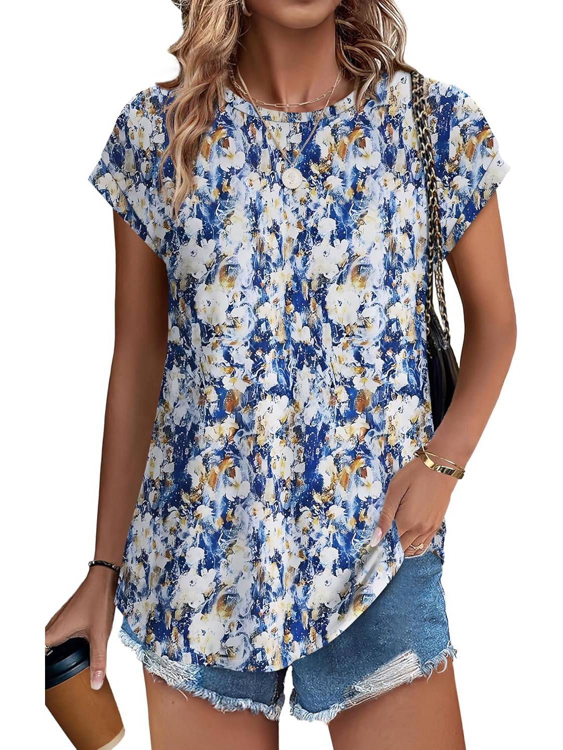 Meadow | Women's Leaf Print Crew Neck Cap Sleeve Casual Top