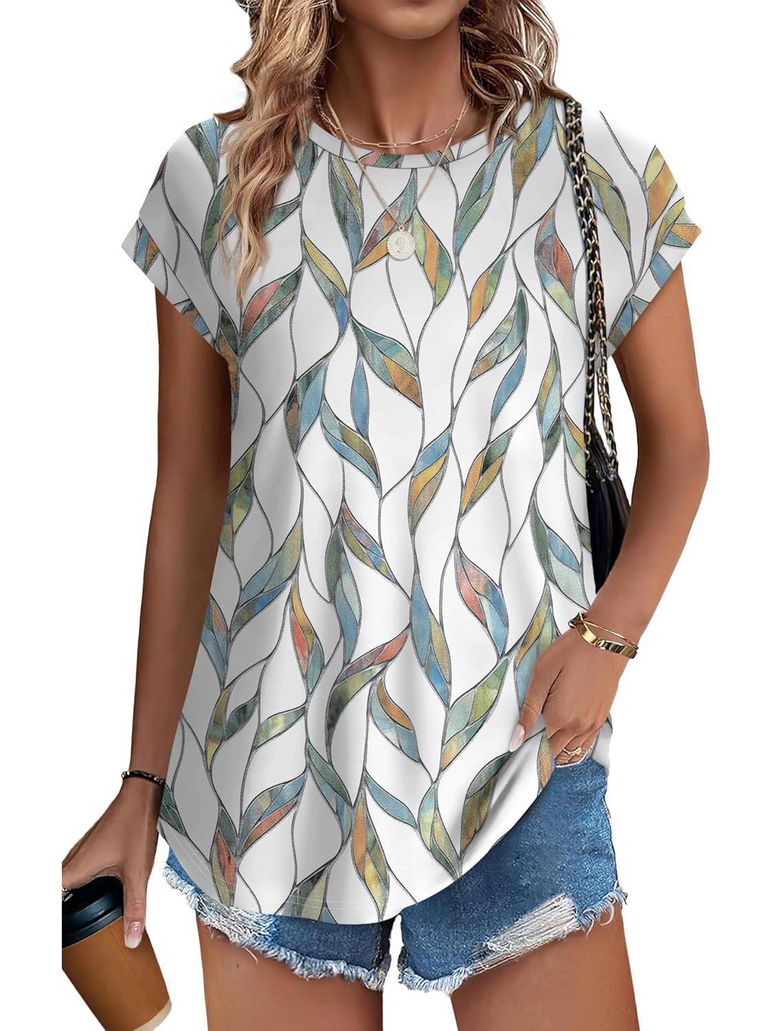 Meadow | Women's Leaf Print Crew Neck Cap Sleeve Casual Top