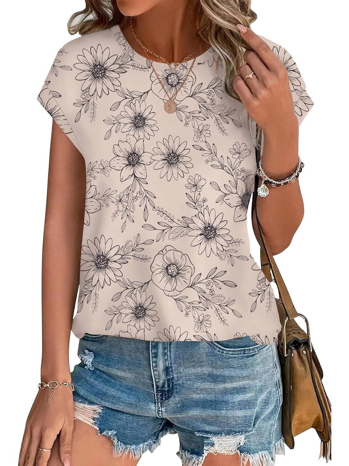 Meadow | Women's Leaf Print Crew Neck Cap Sleeve Casual Top