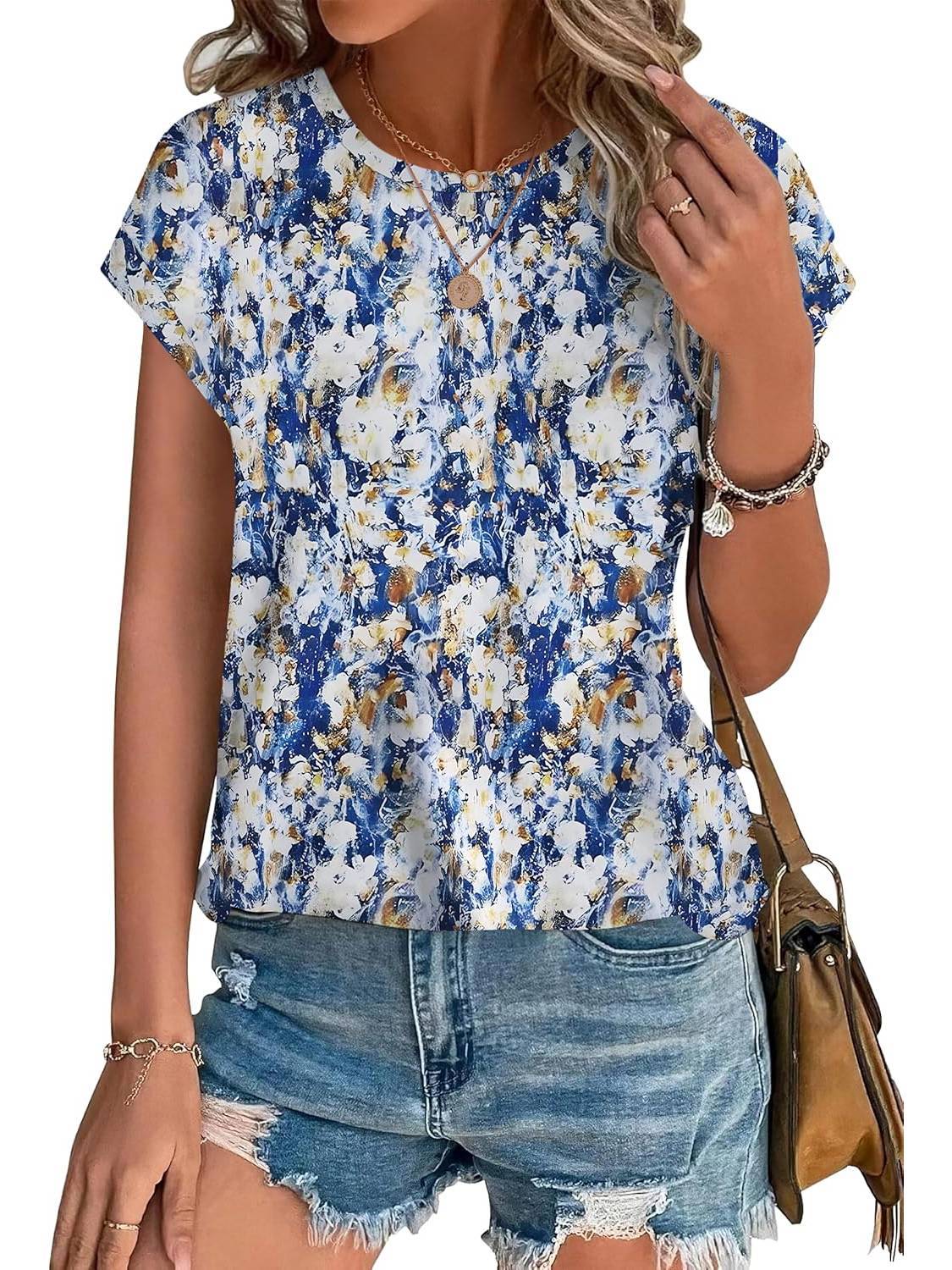 Meadow | Women's Leaf Print Crew Neck Cap Sleeve Casual Top