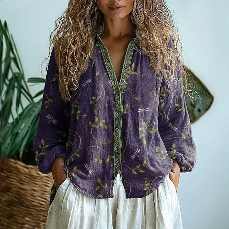 Women’s Blouse | Printed V-Neck Long Sleeve