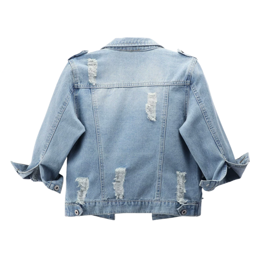 DENIM™ – Distressed Cropped 3/4 Sleeve Denim Jacket