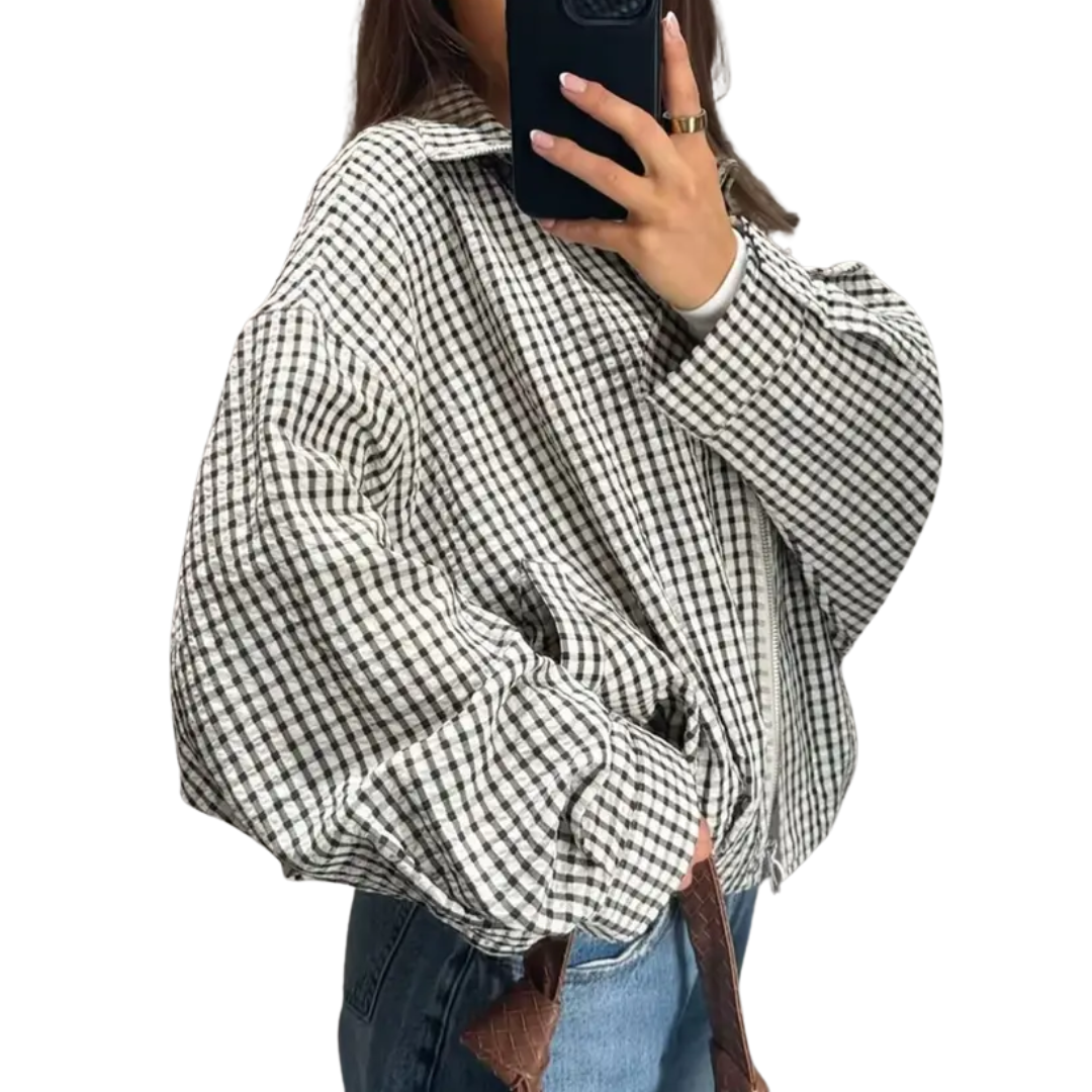 BRIXTON™ – Gingham Check Cropped Bomber Jacket