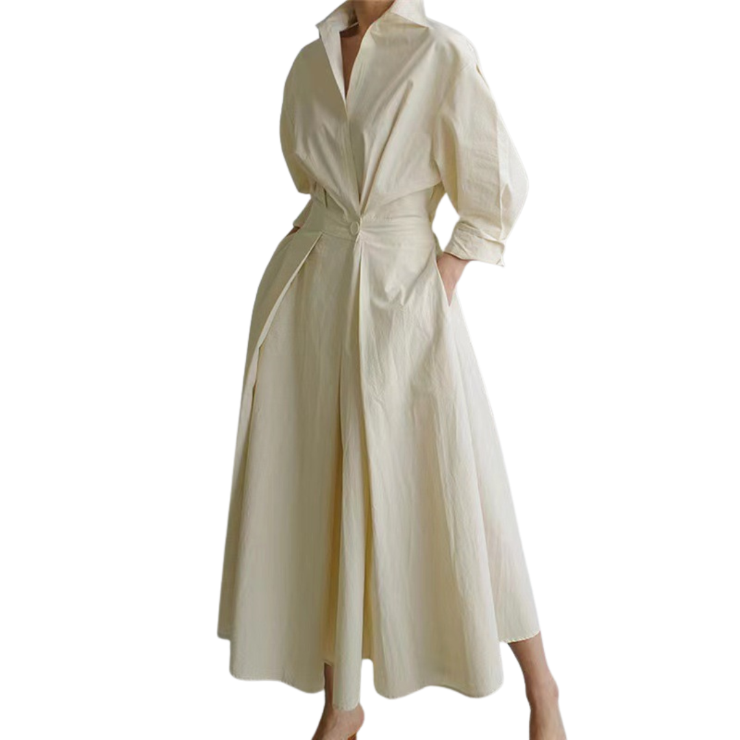 CASSIE™ - Women’s Plain Button Front Wrap A-Line Casual Collared Long Dress