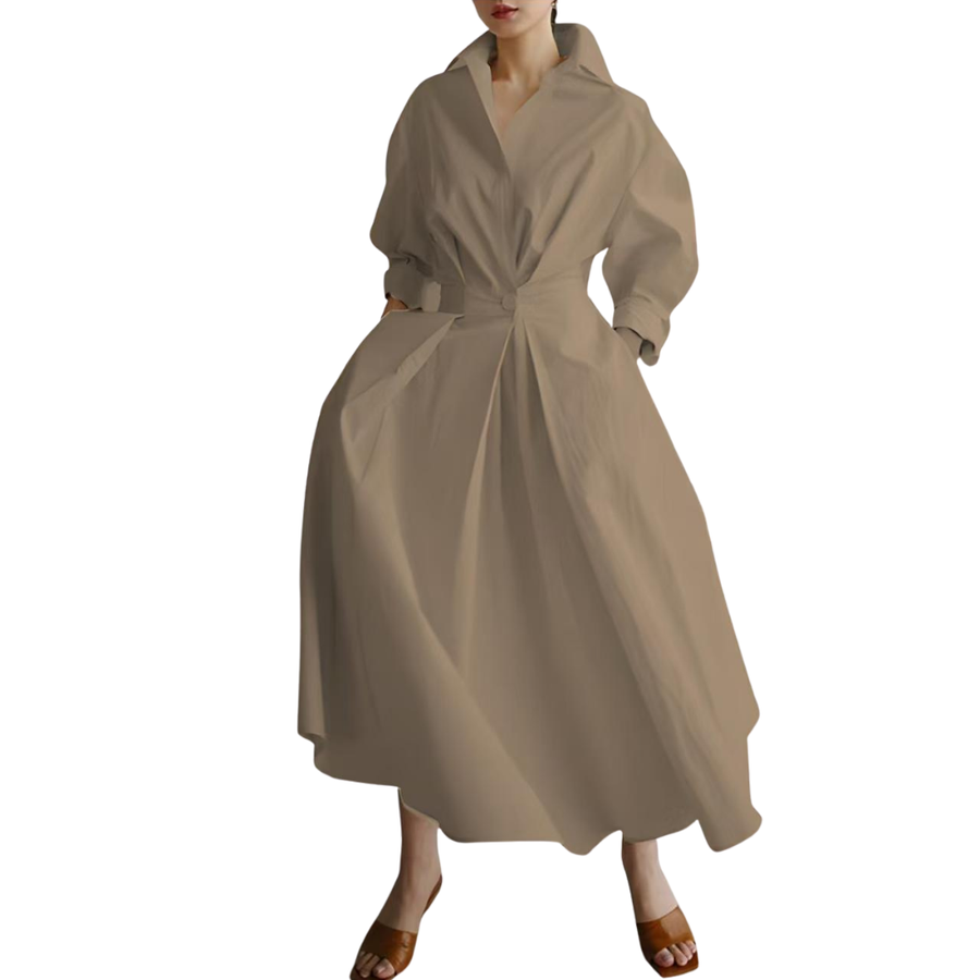 CASSIE™ - Women’s Plain Button Front Wrap A-Line Casual Collared Long Dress