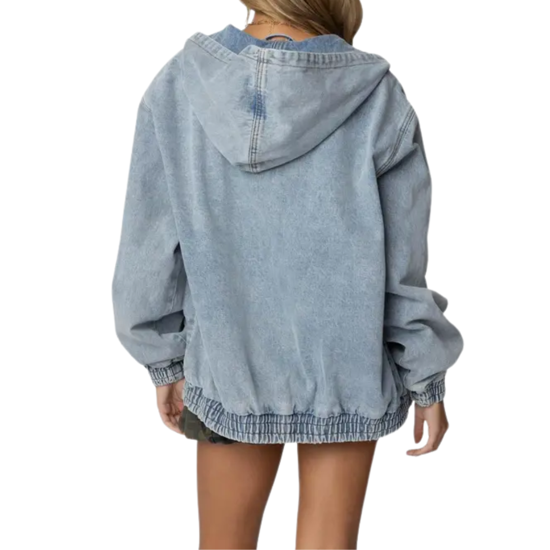 FRANNI™ – Hooded Vintage Washed Denim Bomber Jacket