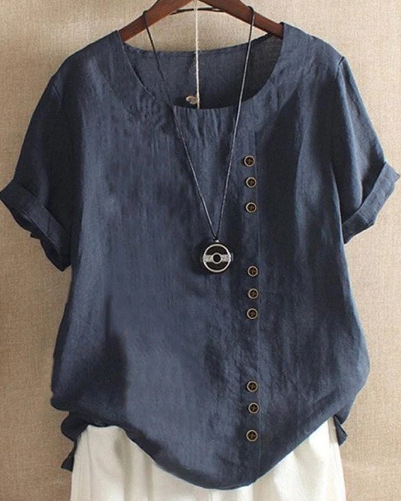 Linen | Women's Button Front Crew Neck Short Sleeve Casual Top