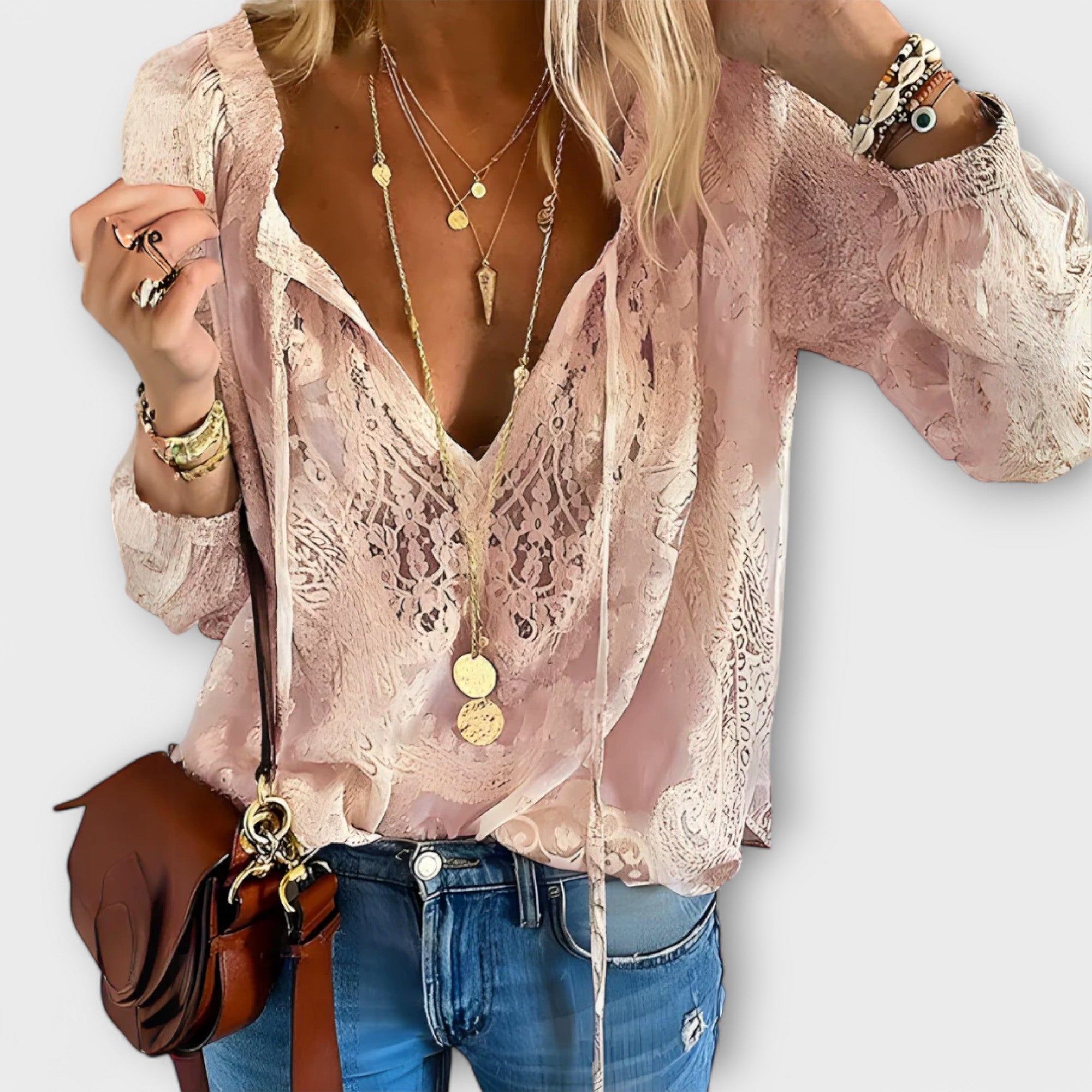 Celeste | Women's Lace V-Neck Blouse Long Sleeve Boho Top