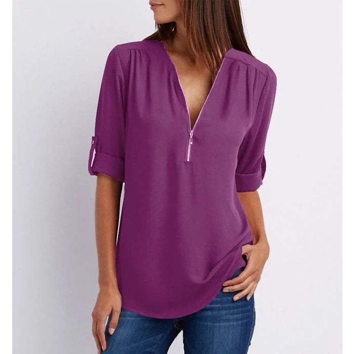 Rosé | Women's Zip-Up V-Neck Half Sleeve Casual Blouse Top