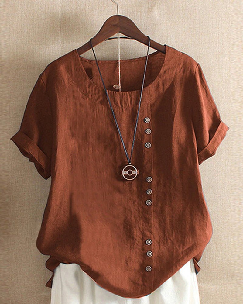 Linen | Women's Button Front Crew Neck Short Sleeve Casual Top