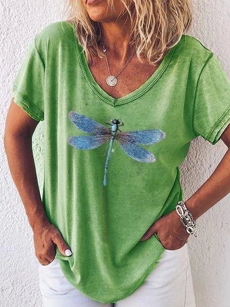Luna | Women's Dragonfly Print V-Neck Short Sleeve Casual Tee
