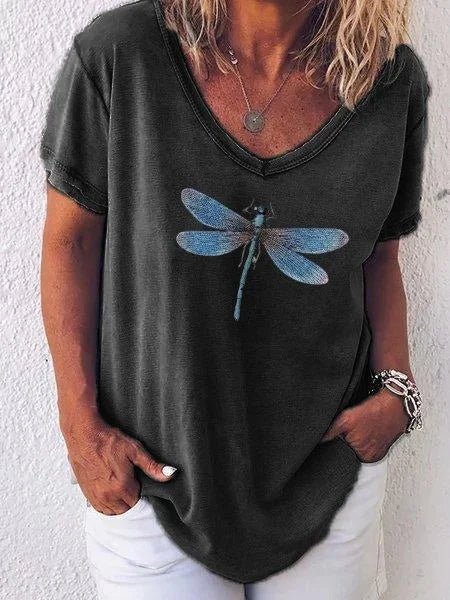 Luna | Women's Dragonfly Print V-Neck Short Sleeve Casual Tee