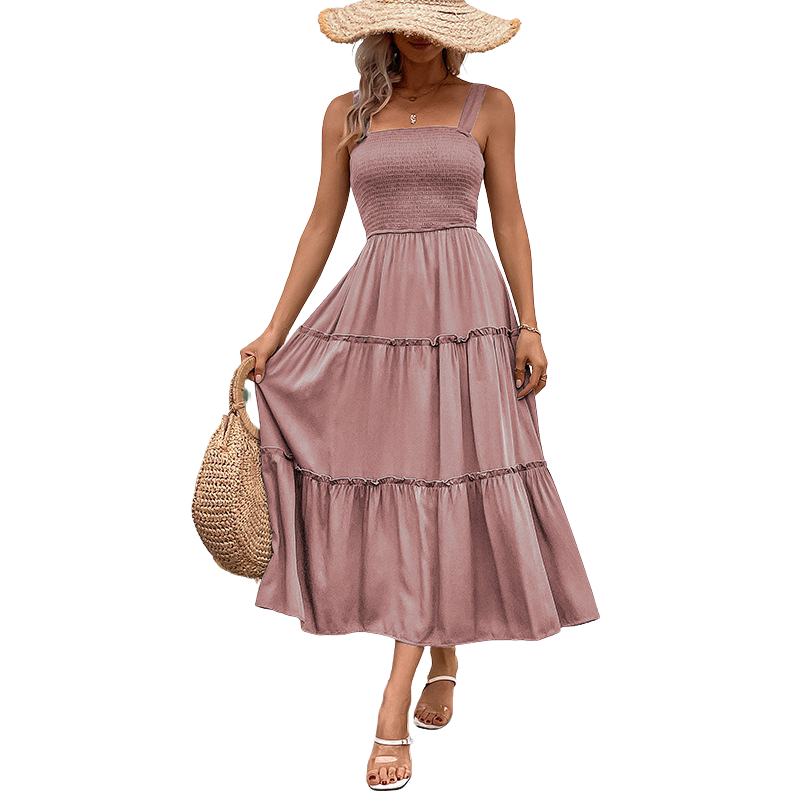 TESSIE™ – Casual Shirred Backless Sundress with Ruffle Hem