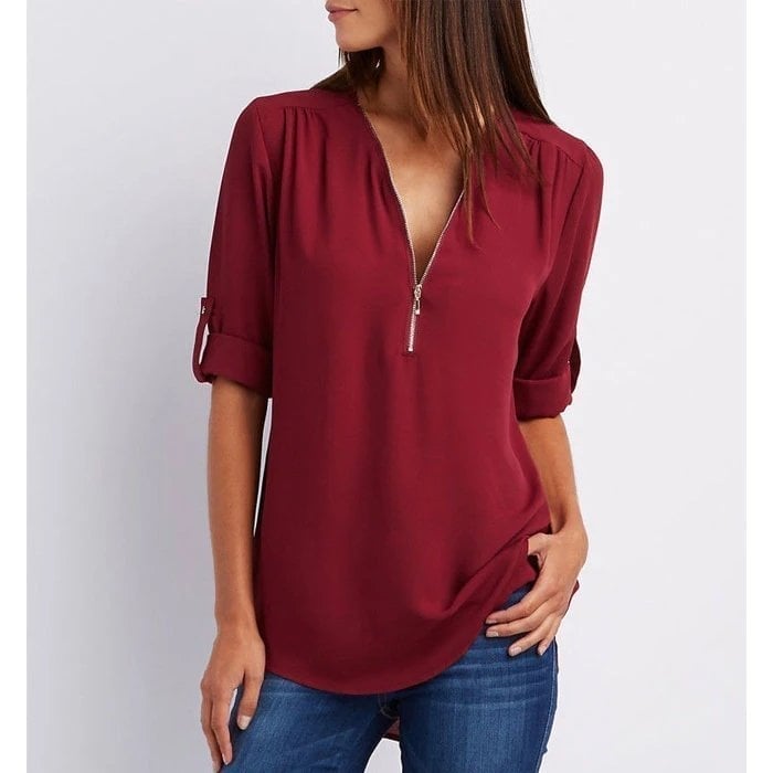 Rosé | Women's Zip-Up V-Neck Half Sleeve Casual Blouse Top