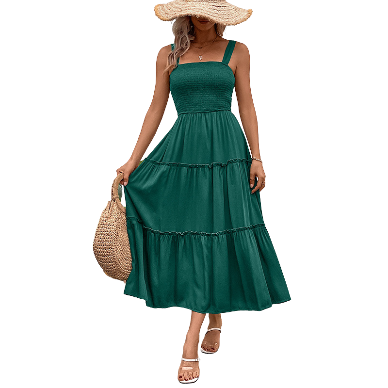 TESSIE™ – Casual Shirred Backless Sundress with Ruffle Hem