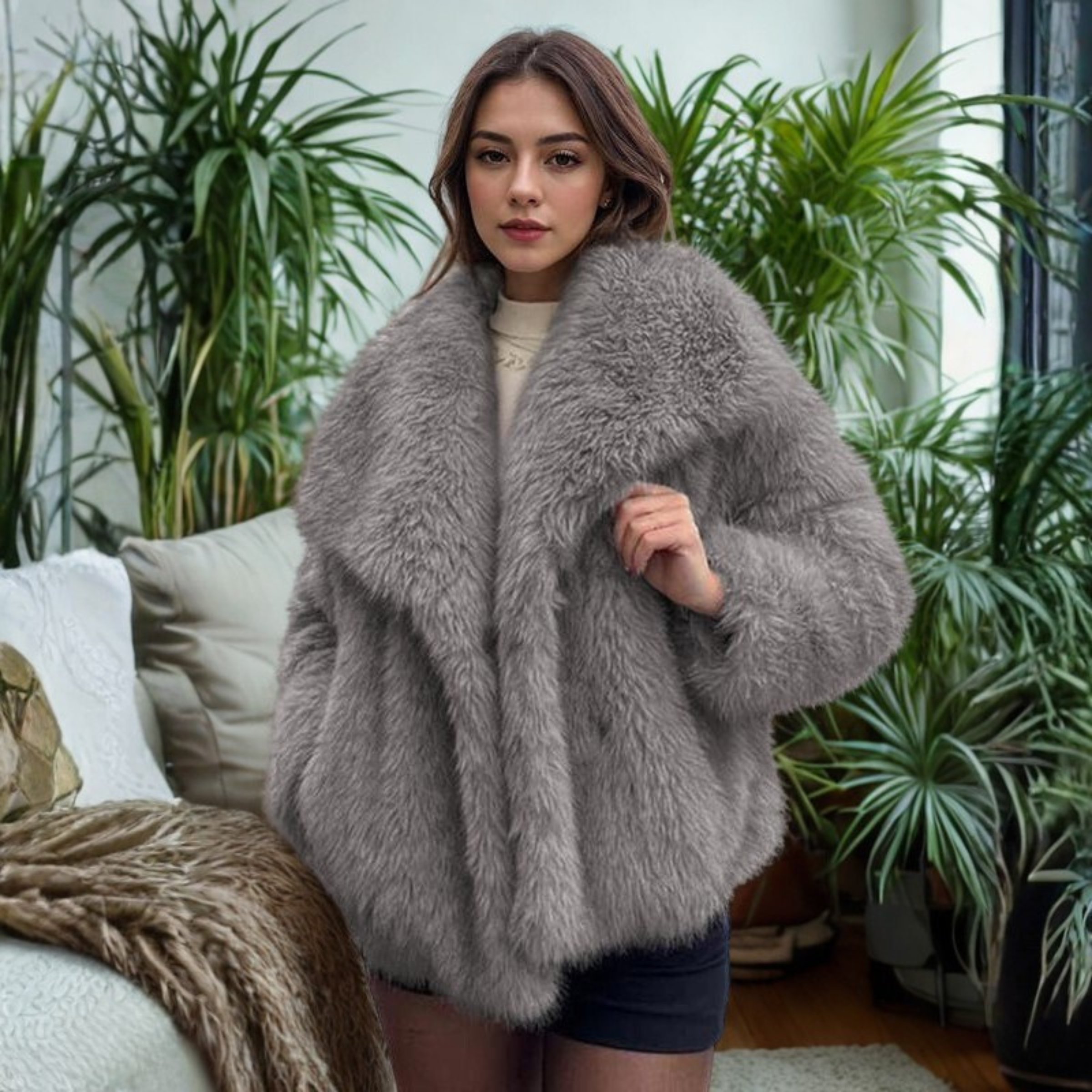 CORRINE™ - Classy Long Sleeve Collared Fuzzy Coat