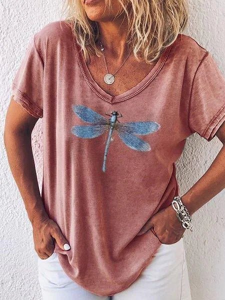 Luna | Women's Dragonfly Print V-Neck Short Sleeve Casual Tee