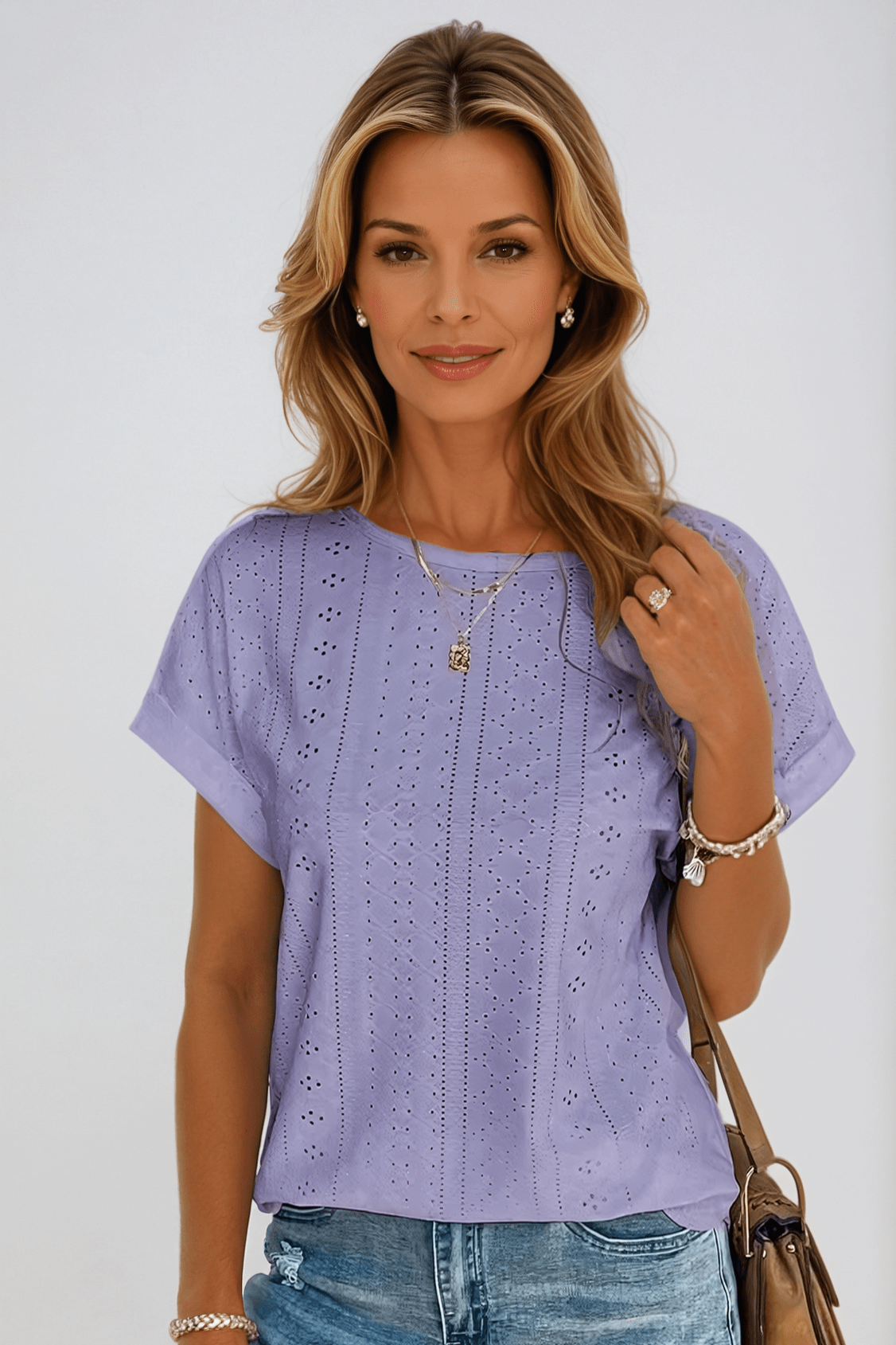 Pearl | Women's Eyelet Embroidered Crew Neck Short Sleeve Top