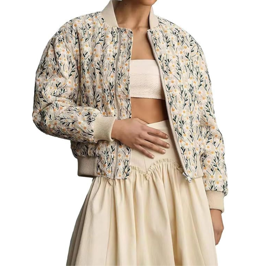 FERN™ – Daisy Print Quilted Cropped Bomber Jacket