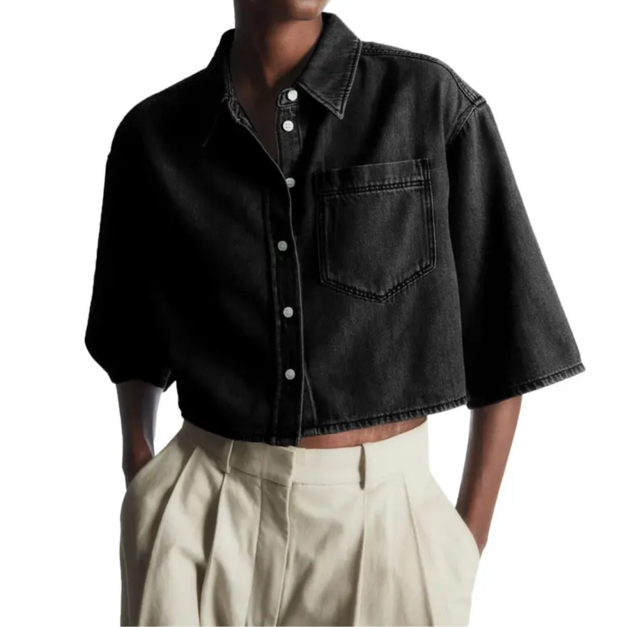 JOVETTE™ – Cropped Button-Down Denim Shirt Jacket