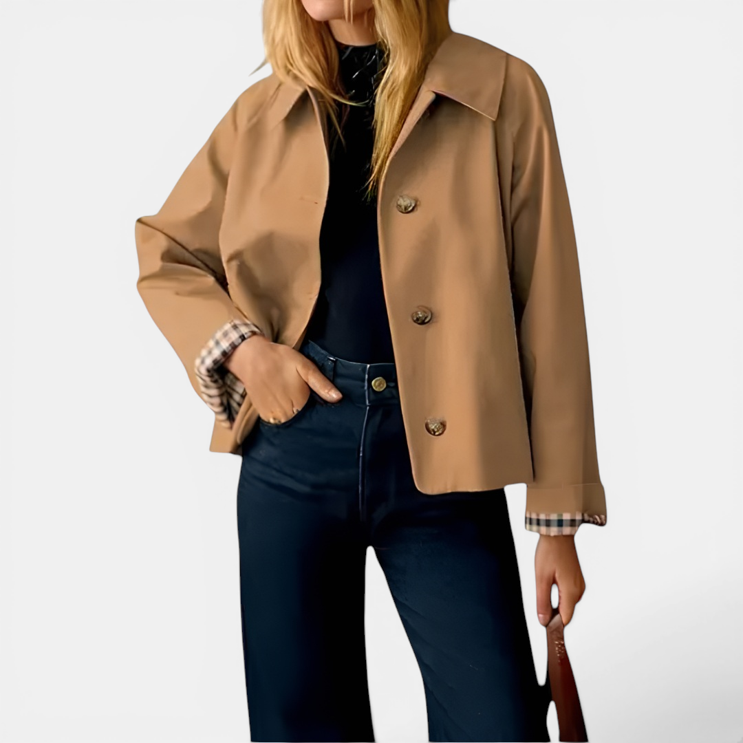 SOLVAINE™ – Plaid-Lined Cropped Trench Coat