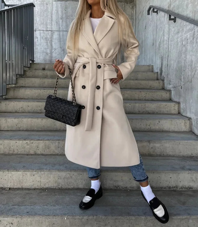 Elegant Double-Breasted Wool Coat | Women's Long Outerwear