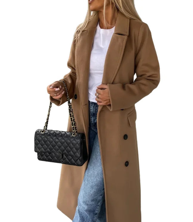 Elegant Double-Breasted Wool Coat | Women's Long Outerwear