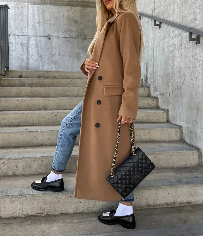 Elegant Double-Breasted Wool Coat | Women's Long Outerwear