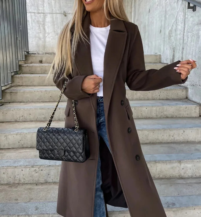 Elegant Double-Breasted Wool Coat | Women's Long Outerwear