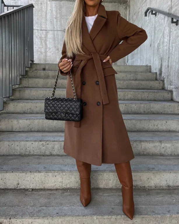 Elegant Double-Breasted Wool Coat | Women's Long Outerwear