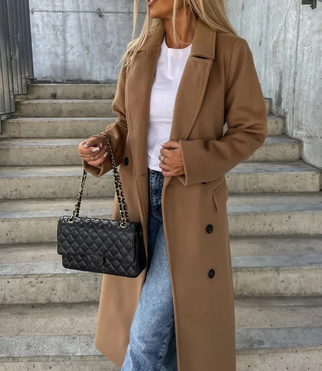 Elegant Double-Breasted Wool Coat | Women's Long Outerwear