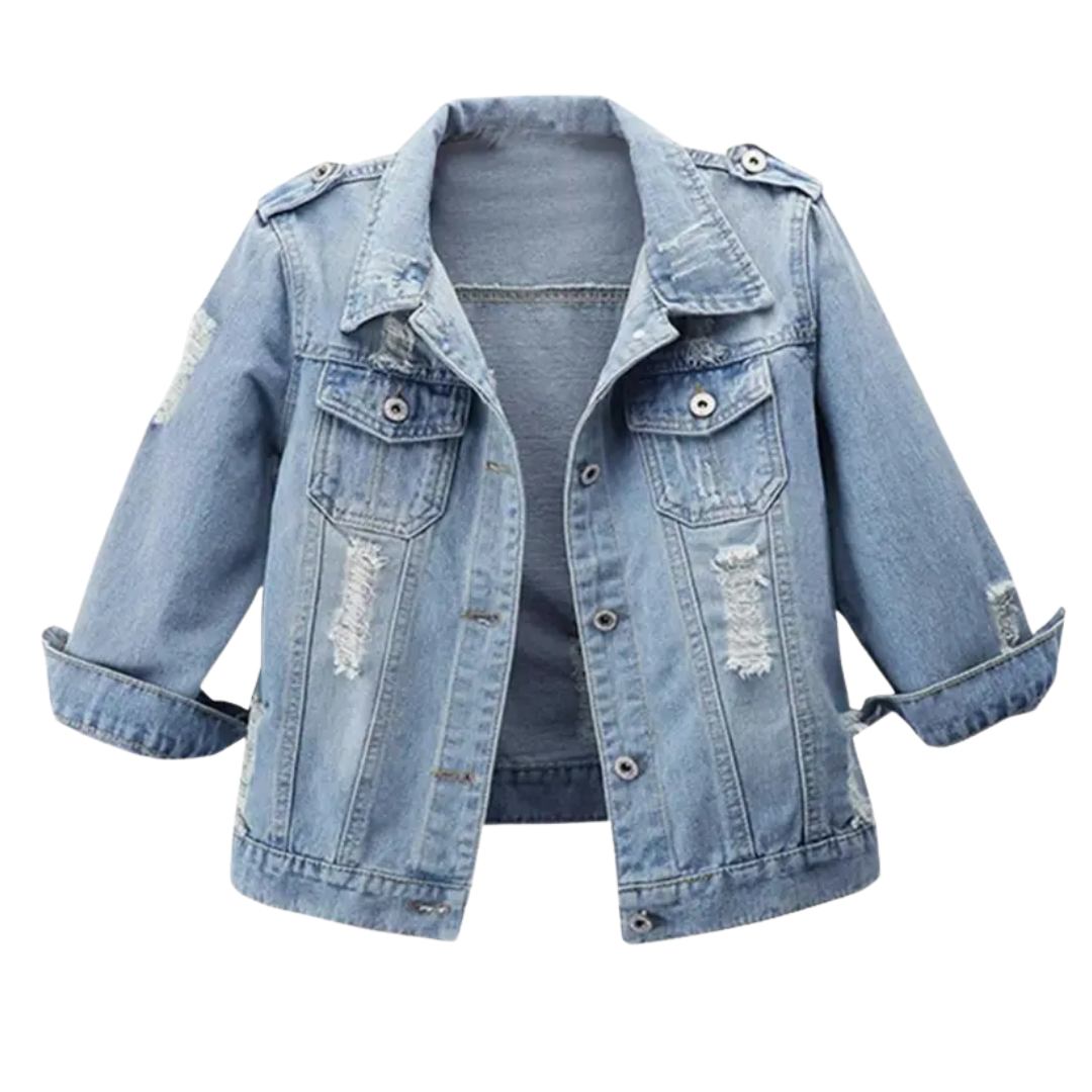 DENIM™ – Distressed Cropped 3/4 Sleeve Denim Jacket