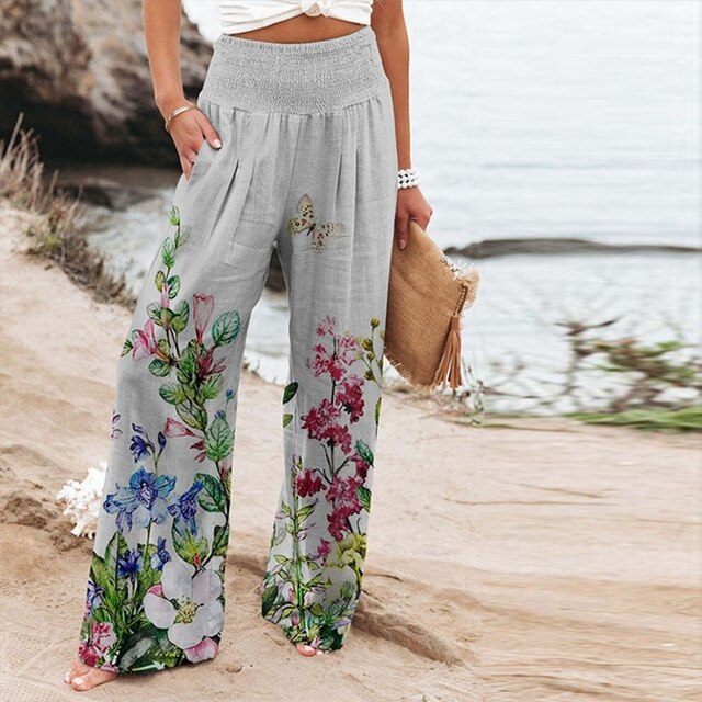 Garlie | Women's Floral Wide Leg Pants High Waist Casual Summer