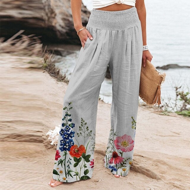 Garlie | Women's Floral Wide Leg Pants High Waist Casual Summer