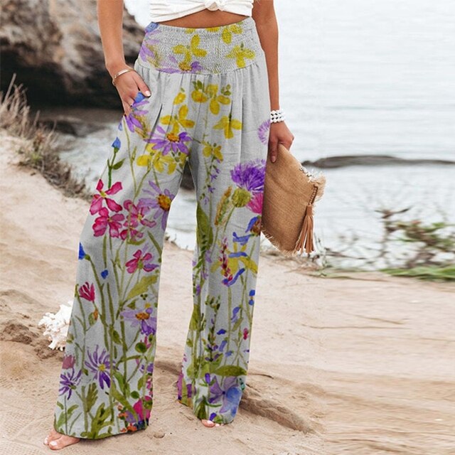 Garlie | Women's Floral Wide Leg Pants High Waist Casual Summer
