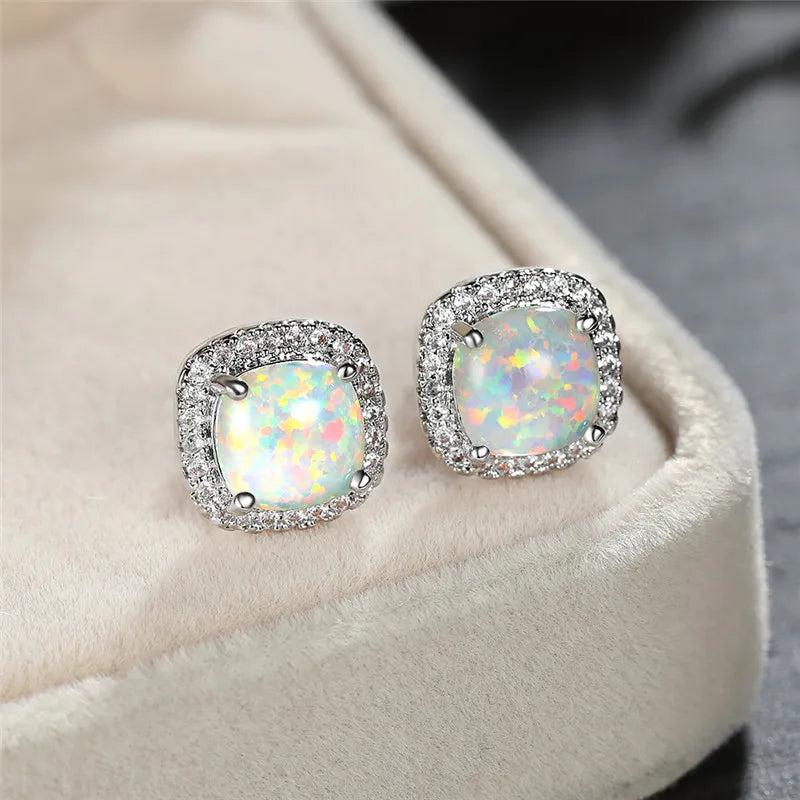 Elegant Silver Earrings with White Fire Opal