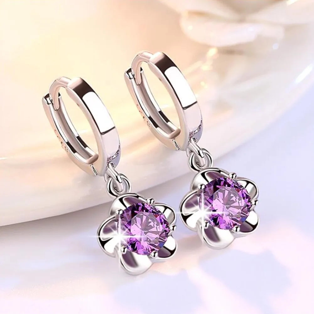 Silver Earrings with Purple & White Zirconia