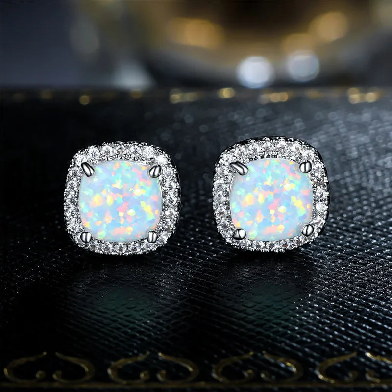 Elegant Silver Earrings with White Fire Opal