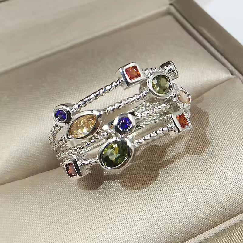 Vintage Green Glass Layered Silver Ring