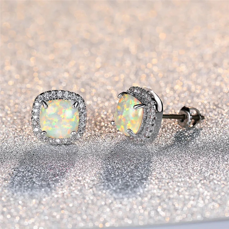 Elegant Silver Earrings with White Fire Opal