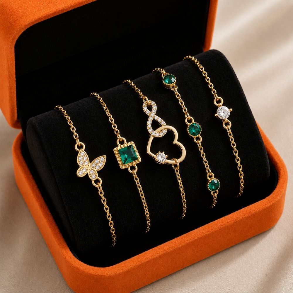 Hallow Heart Green Crystal Stone Bracelet Set