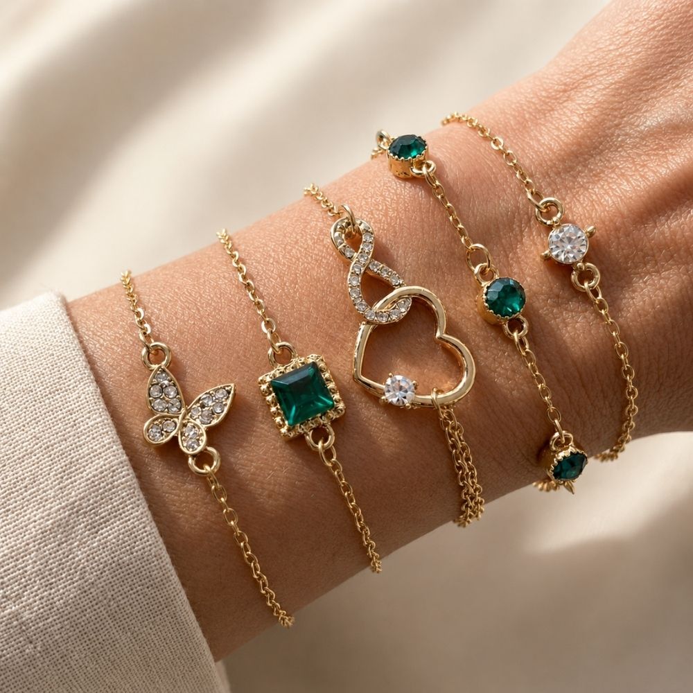 Hallow Heart Green Crystal Stone Bracelet Set
