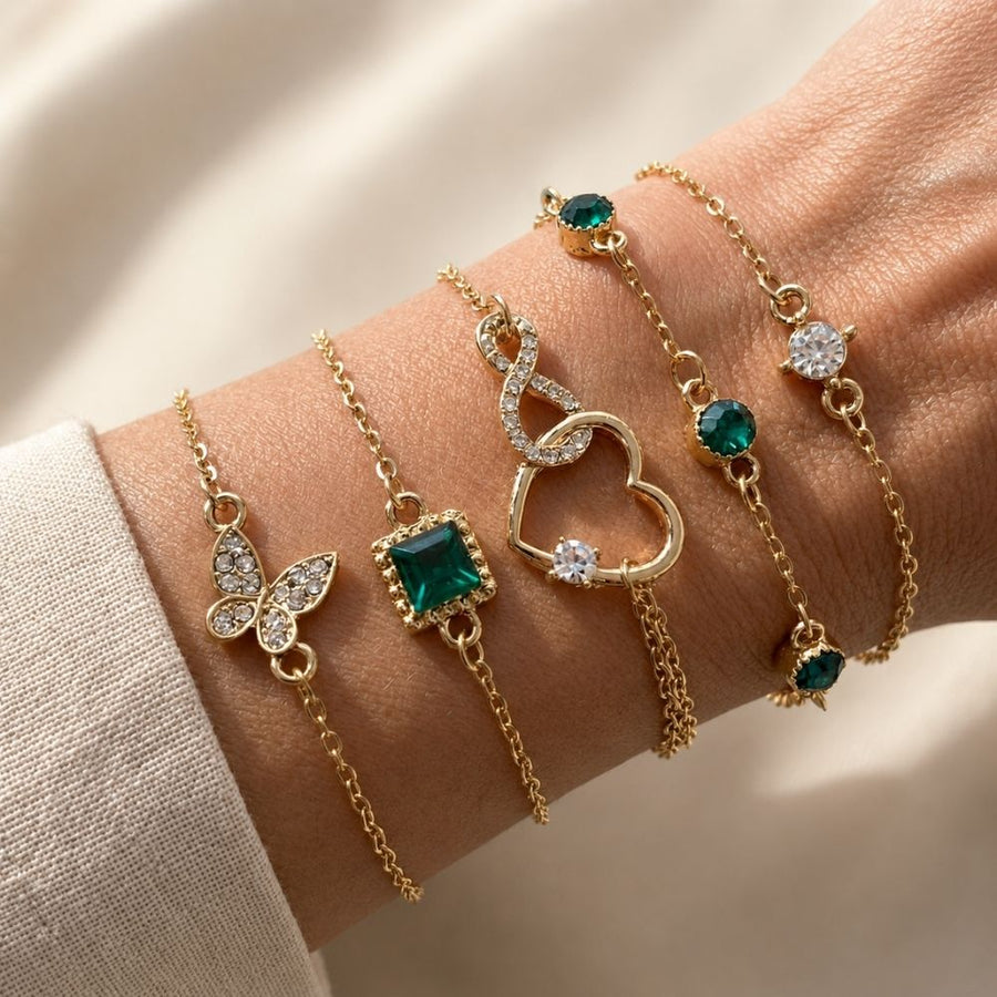 Hallow Heart Green Crystal Stone Bracelet Set