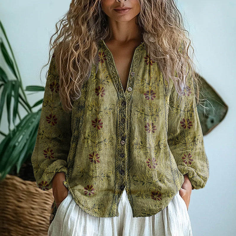 Women’s Blouse | Printed V-Neck Long Sleeve