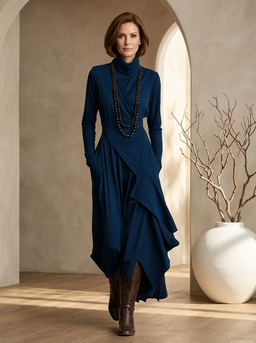 Arielle™ Vintage Asymmetrical Turtleneck Dress