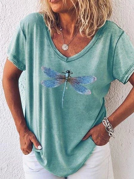 Luna | Women's Dragonfly Print V-Neck Short Sleeve Casual Tee