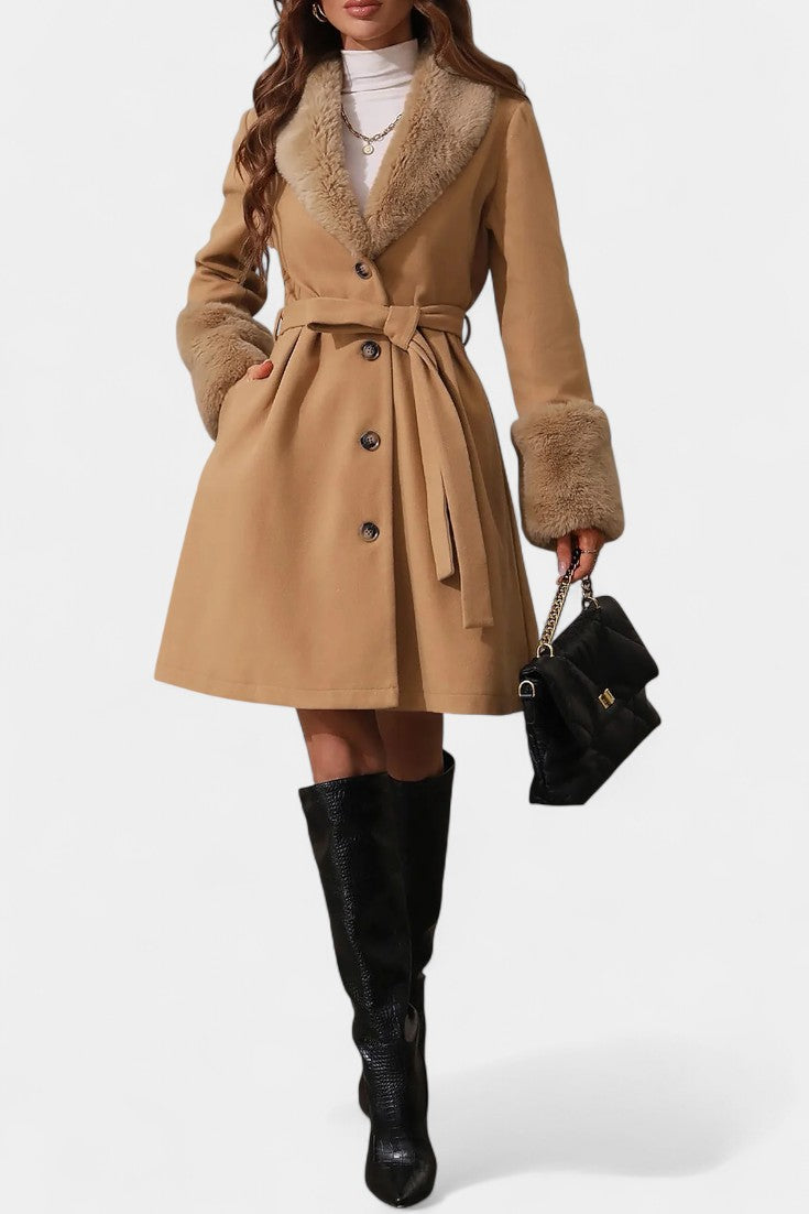 Colombine Trapeze Coat with Belt and Faux Fur Details