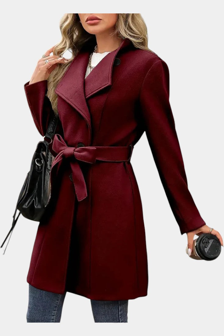 Yuliana Long Coat with Buttons and Tied Waist