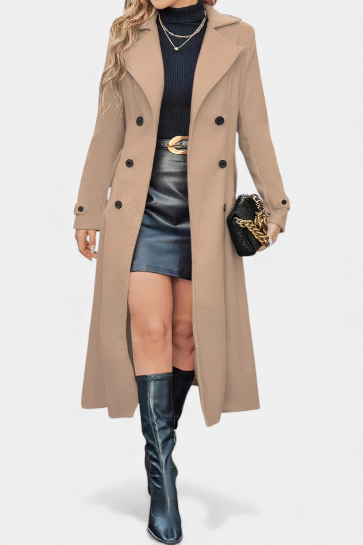 Naissa Long Notched Lapel Double-Breasted Coat